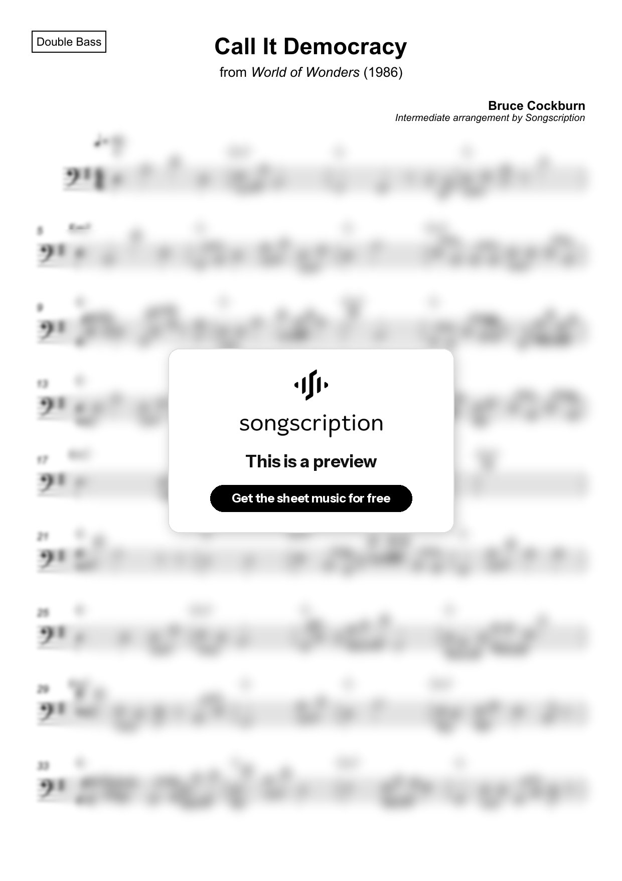 Intermediate Double Bass Sheet Music for "Call It Democracy" by Bruce Cockburn