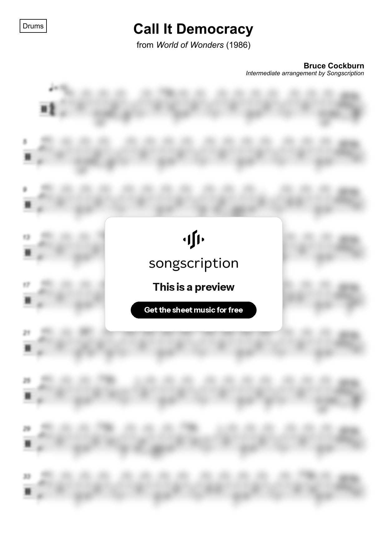 Intermediate Drums Sheet Music for "Call It Democracy" by Bruce Cockburn