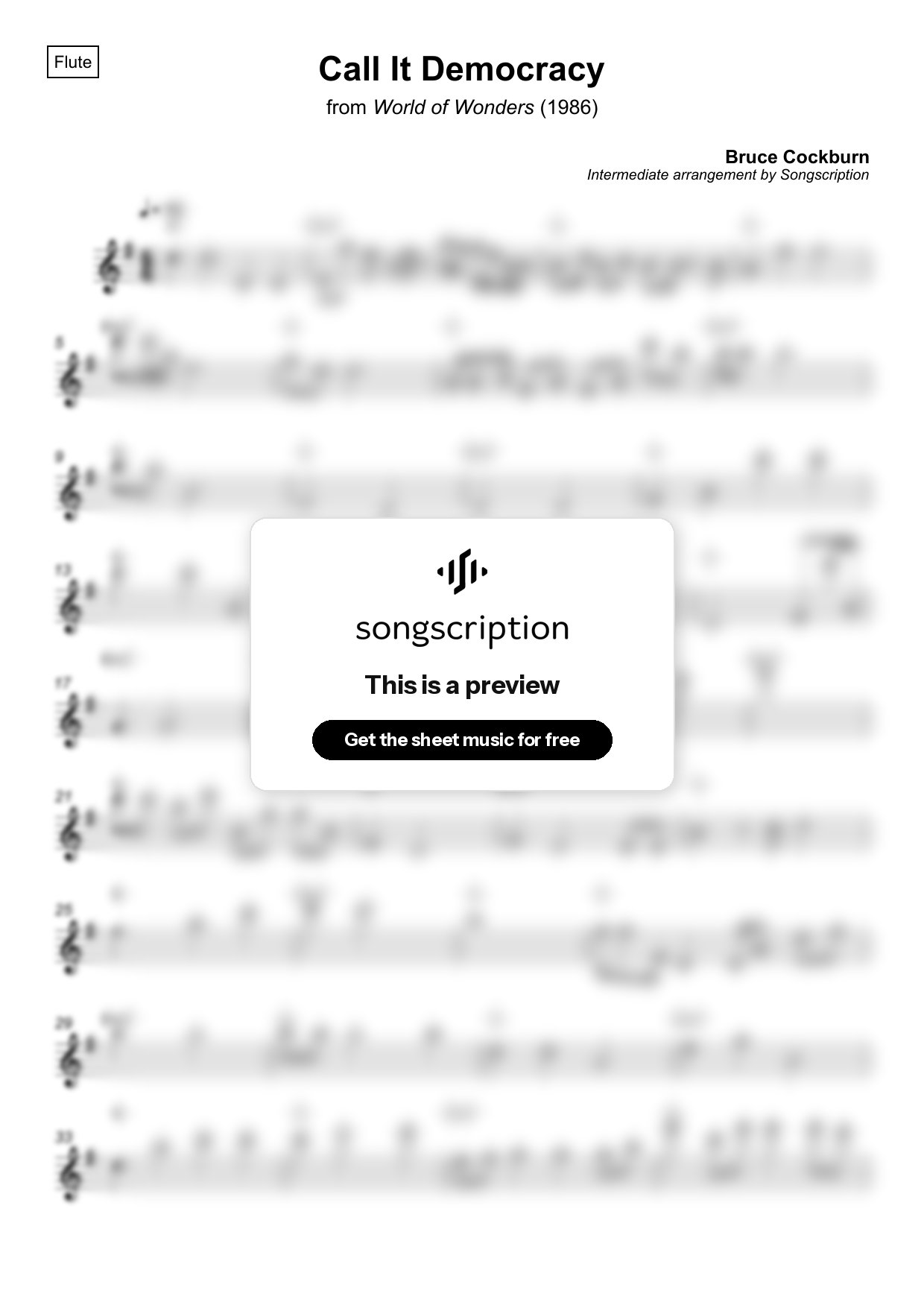 Intermediate Flute Sheet Music for "Call It Democracy" by Bruce Cockburn