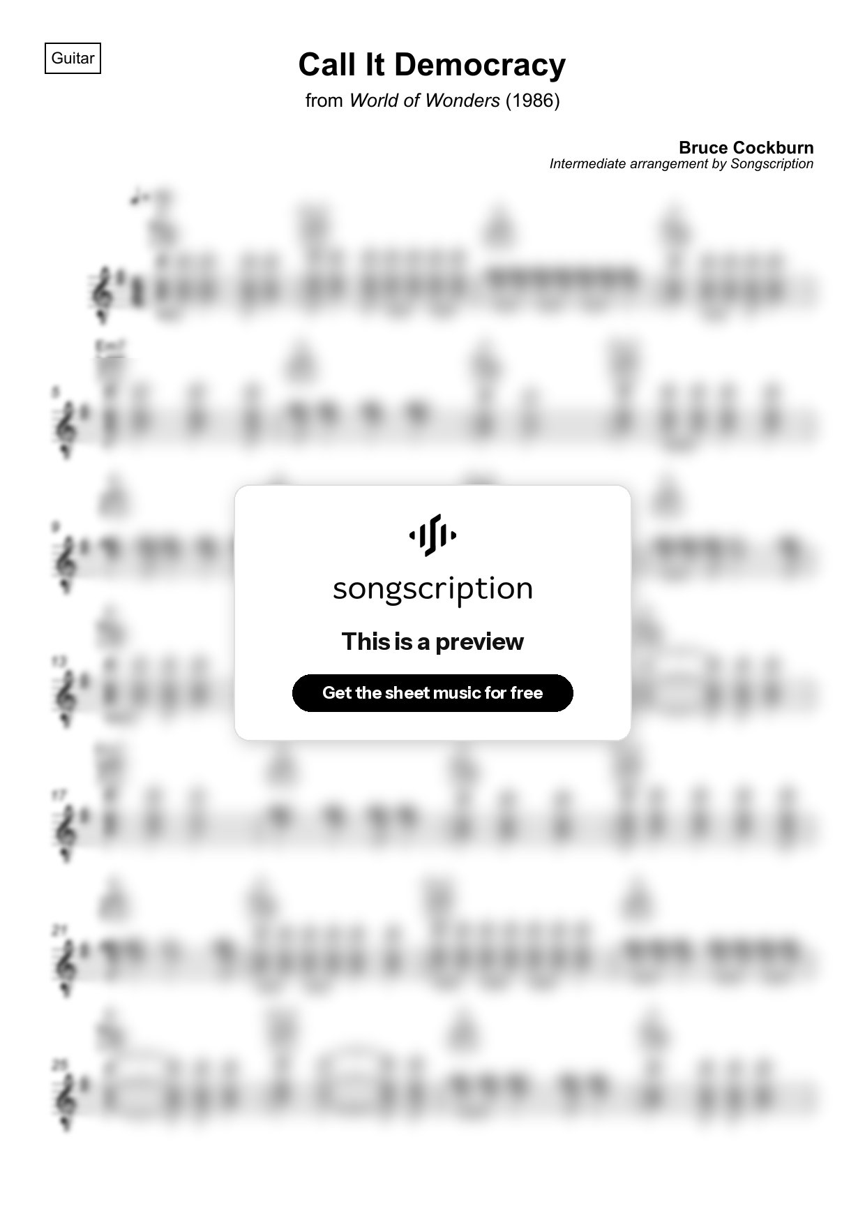 Intermediate Acoustic Guitar Sheet Music for "Call It Democracy" by Bruce Cockburn