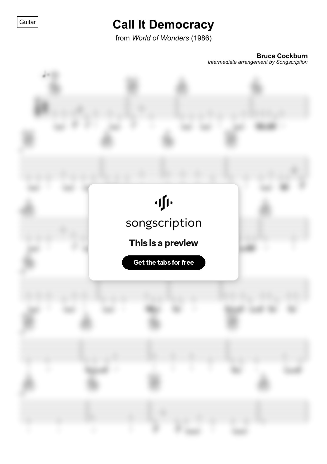Intermediate Acoustic Guitar Tabs for "Call It Democracy" by Bruce Cockburn
