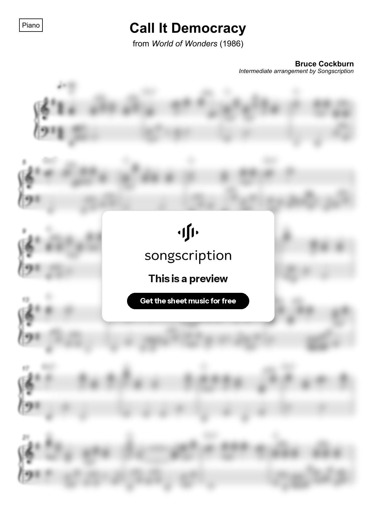 Intermediate Piano Sheet Music for "Call It Democracy" by Bruce Cockburn