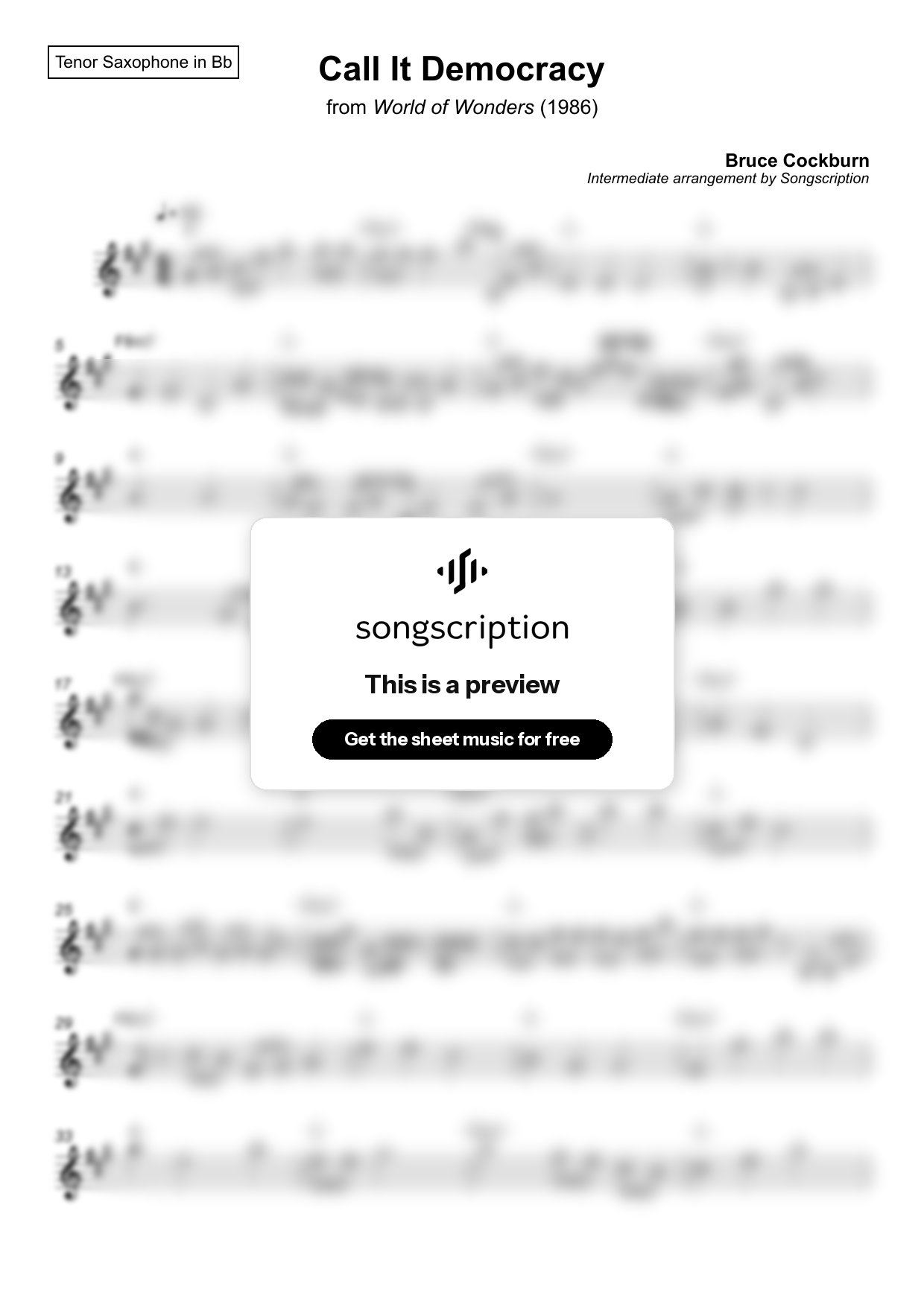 Intermediate Tenor Sax Sheet Music for "Call It Democracy" by Bruce Cockburn