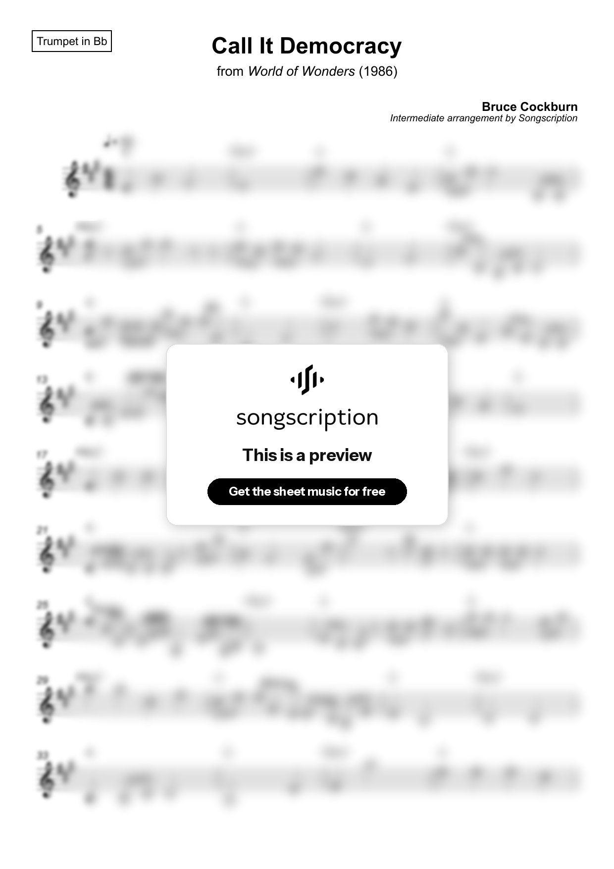 Intermediate Trumpet Sheet Music for "Call It Democracy" by Bruce Cockburn