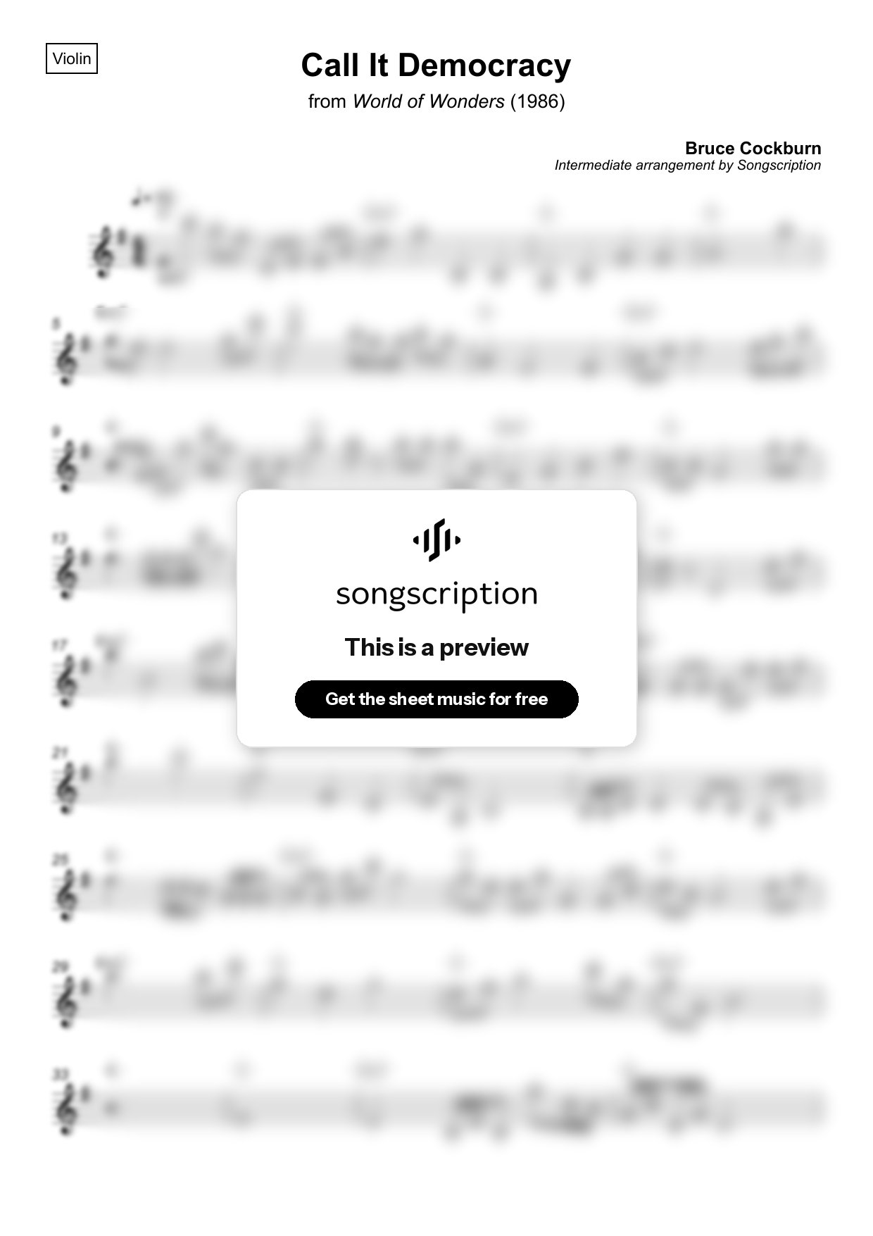 Intermediate Violin Sheet Music for "Call It Democracy" by Bruce Cockburn