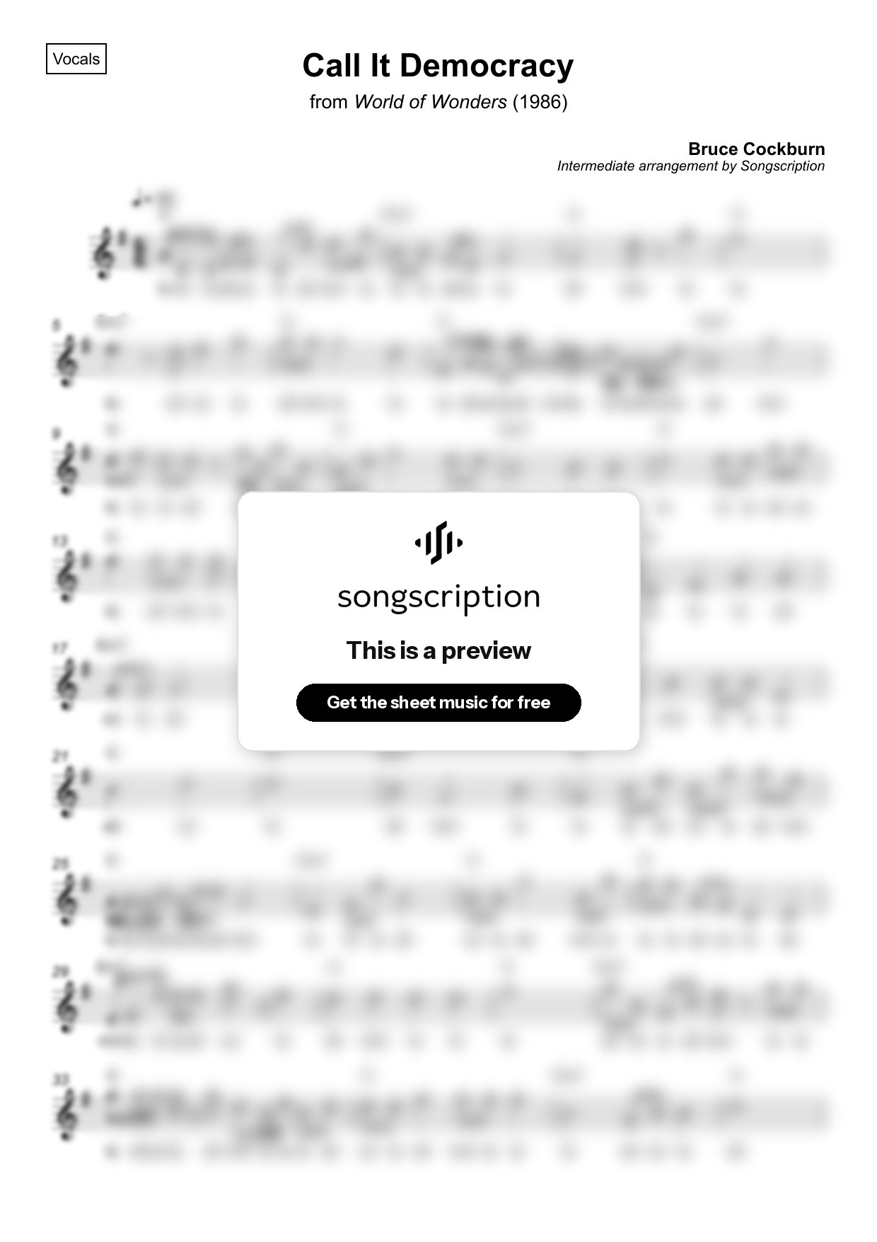 Intermediate Vocals Sheet Music for "Call It Democracy" by Bruce Cockburn