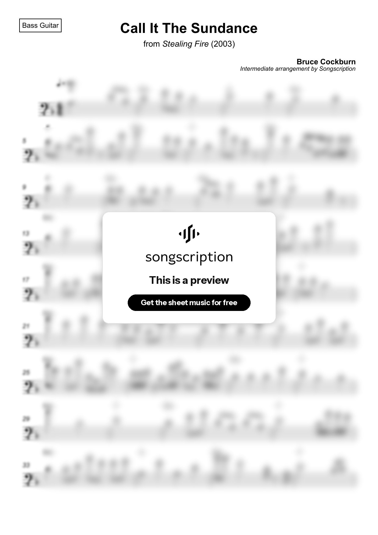 Intermediate Bass Guitar Sheet Music for "Call It The Sundance" by Bruce Cockburn