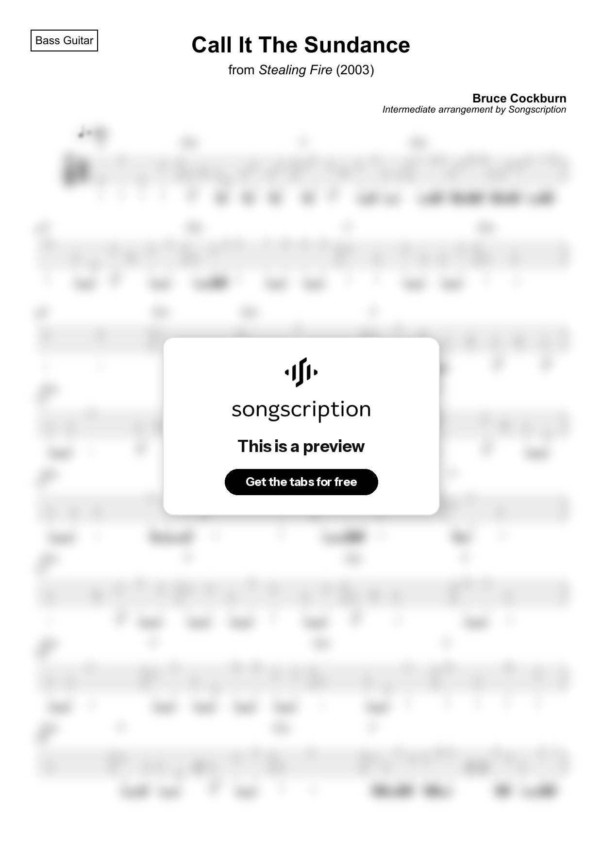 Intermediate Bass Guitar Tabs for "Call It The Sundance" by Bruce Cockburn