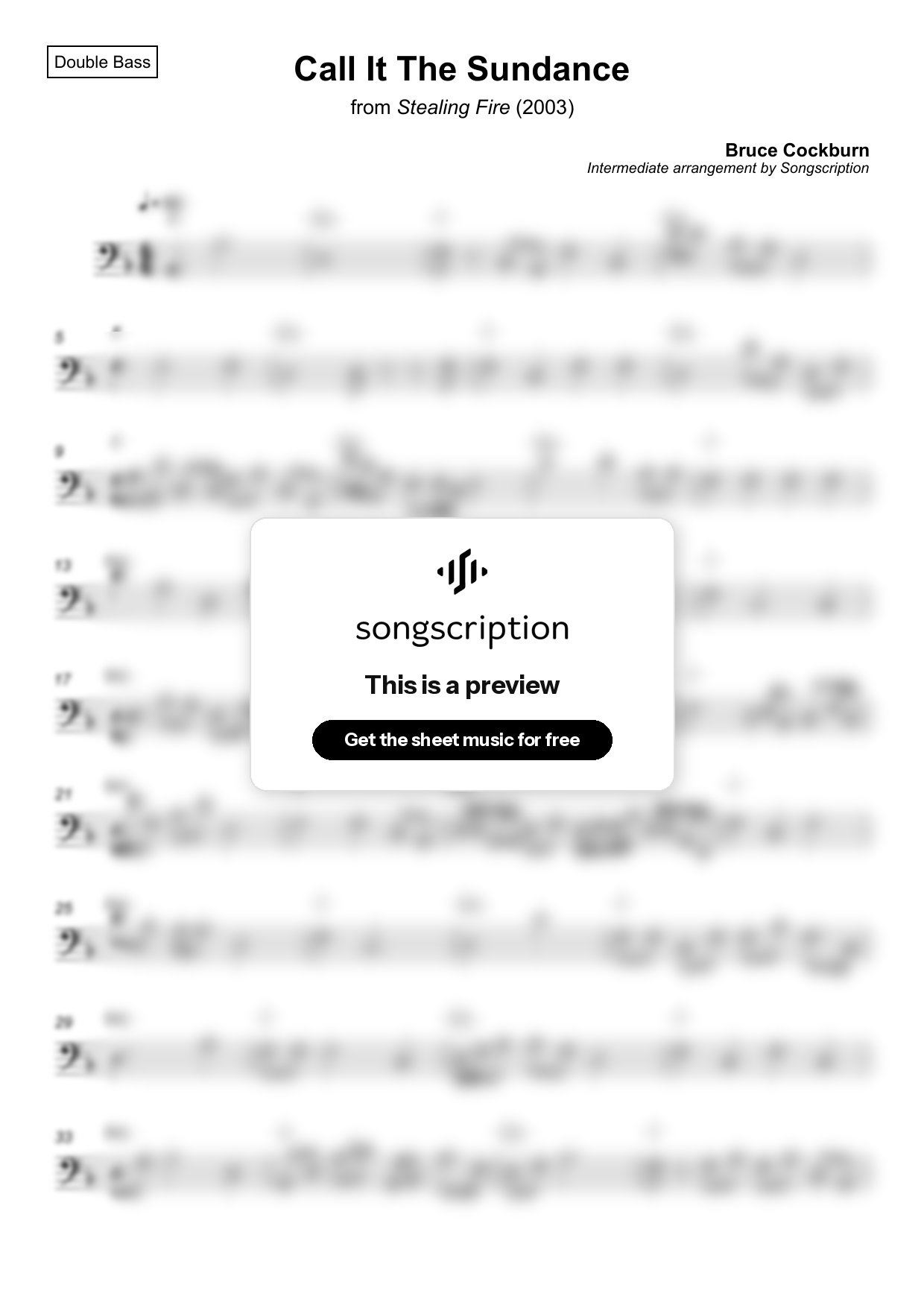 Intermediate Double Bass Sheet Music for "Call It The Sundance" by Bruce Cockburn