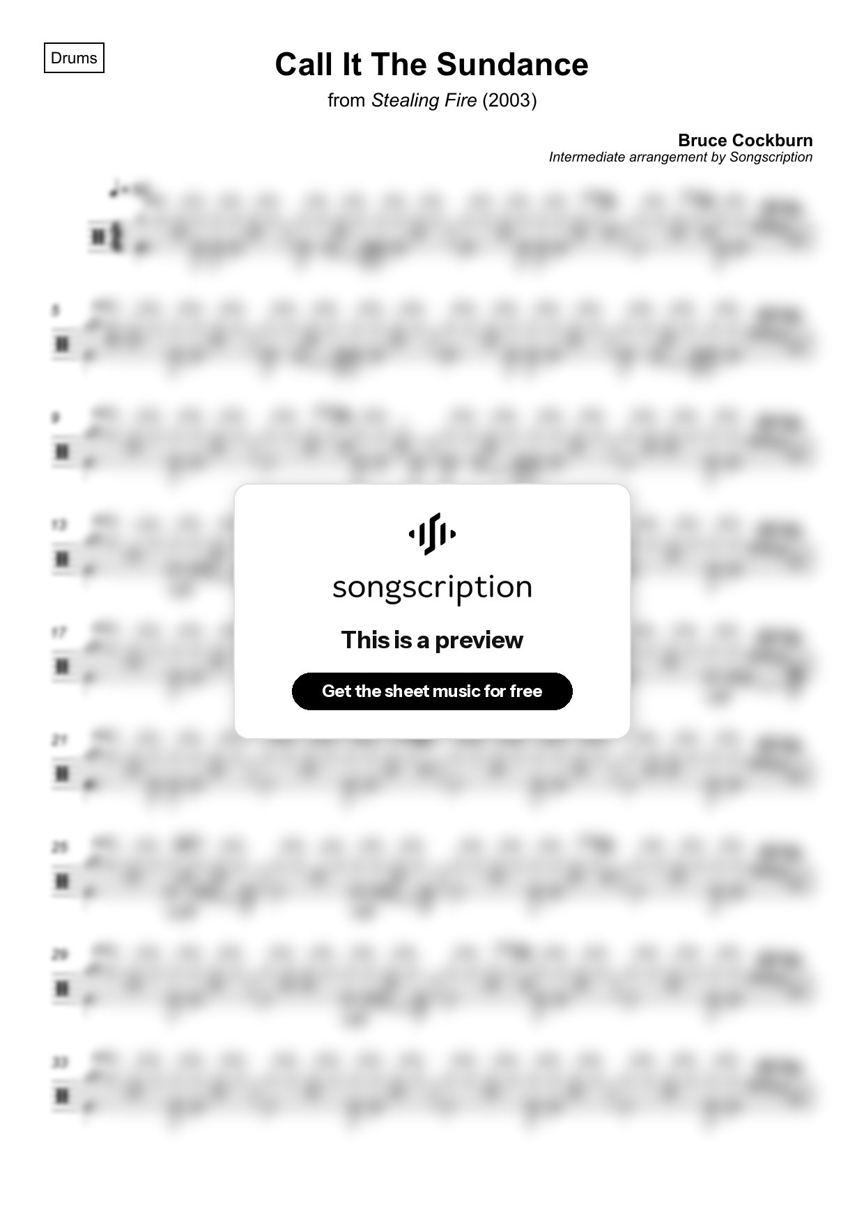 Intermediate Drums Sheet Music for "Call It The Sundance" by Bruce Cockburn