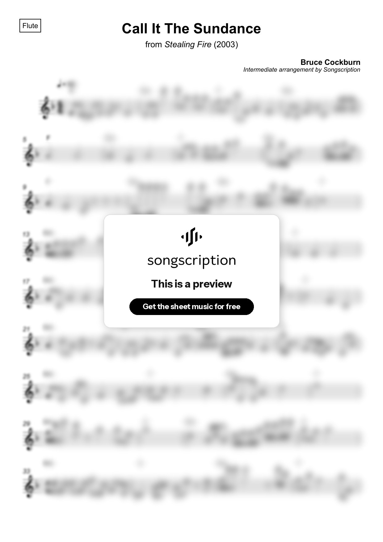 Intermediate Flute Sheet Music for "Call It The Sundance" by Bruce Cockburn