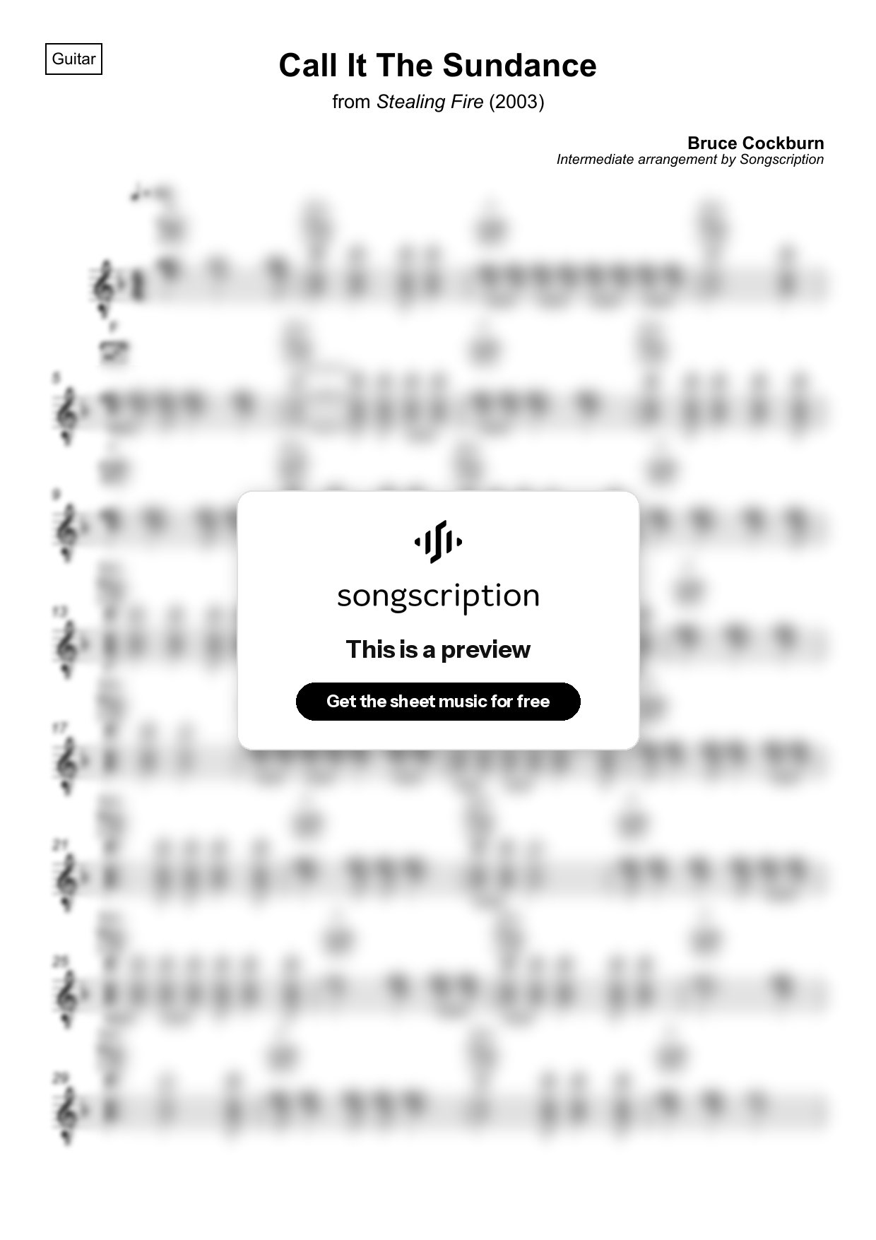 Intermediate Acoustic Guitar Sheet Music for "Call It The Sundance" by Bruce Cockburn
