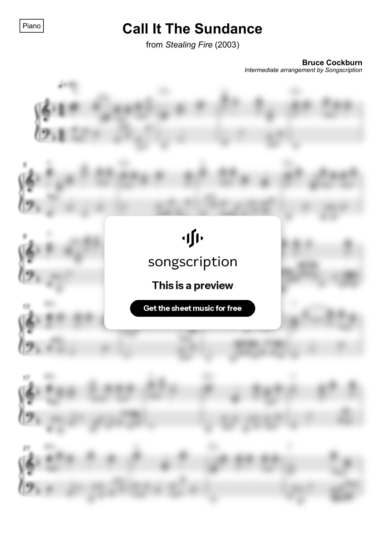 Intermediate Piano Sheet Music for "Call It The Sundance" by Bruce Cockburn