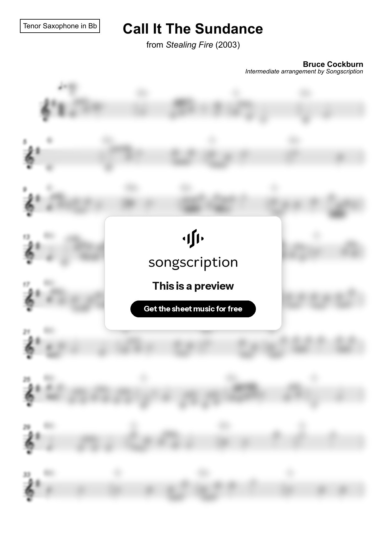 Intermediate Tenor Sax Sheet Music for "Call It The Sundance" by Bruce Cockburn