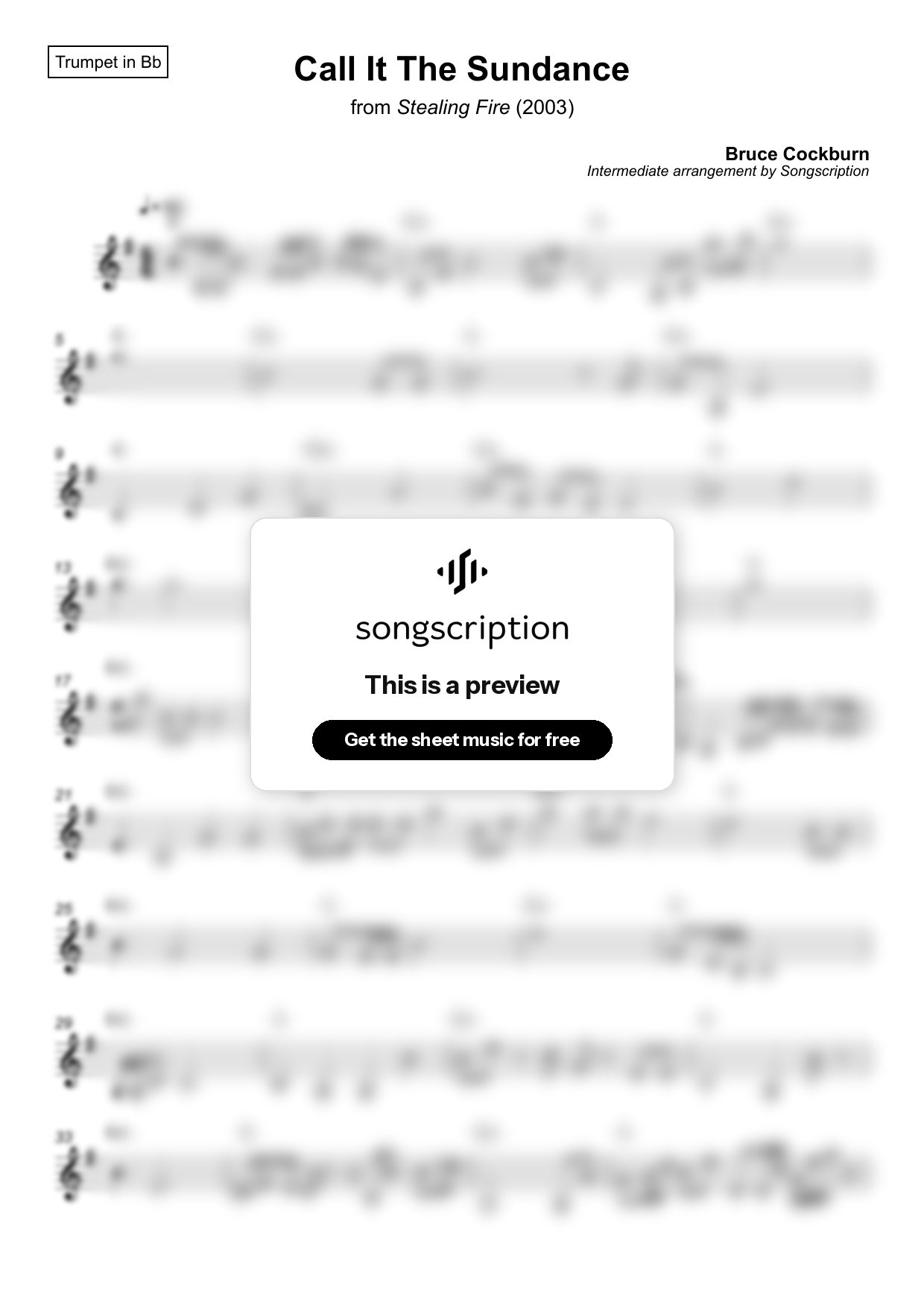 Intermediate Trumpet Sheet Music for "Call It The Sundance" by Bruce Cockburn