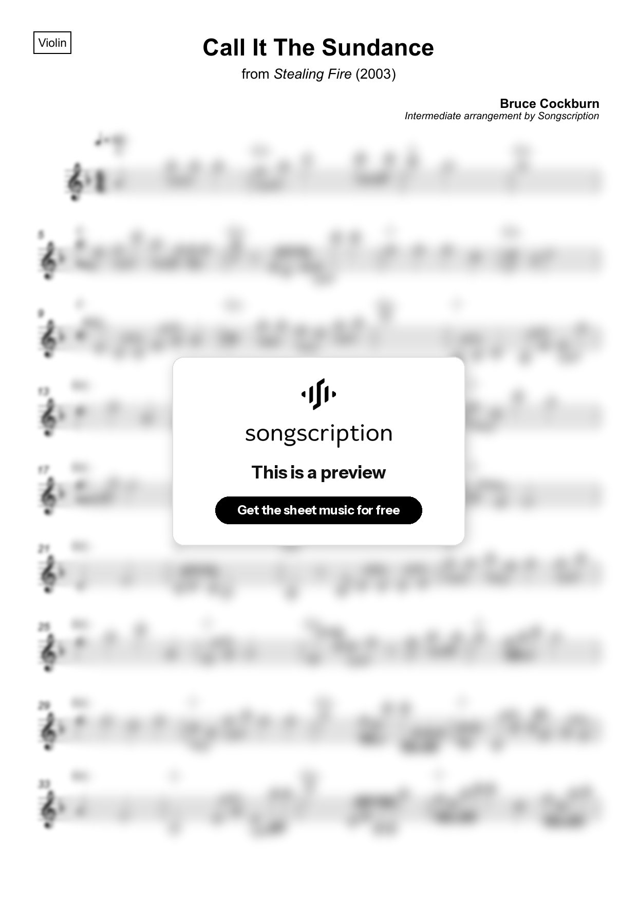 Intermediate Violin Sheet Music for "Call It The Sundance" by Bruce Cockburn