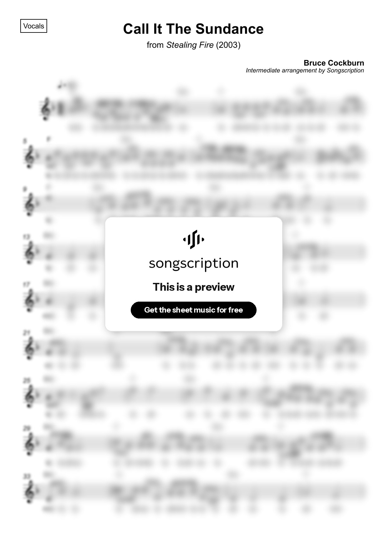 Intermediate Vocals Sheet Music for "Call It The Sundance" by Bruce Cockburn