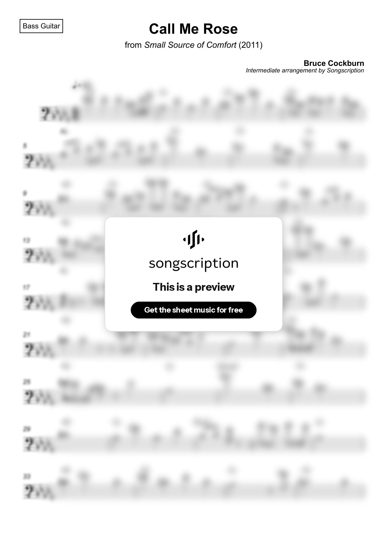 Intermediate Bass Guitar Sheet Music for "Call Me Rose" by Bruce Cockburn