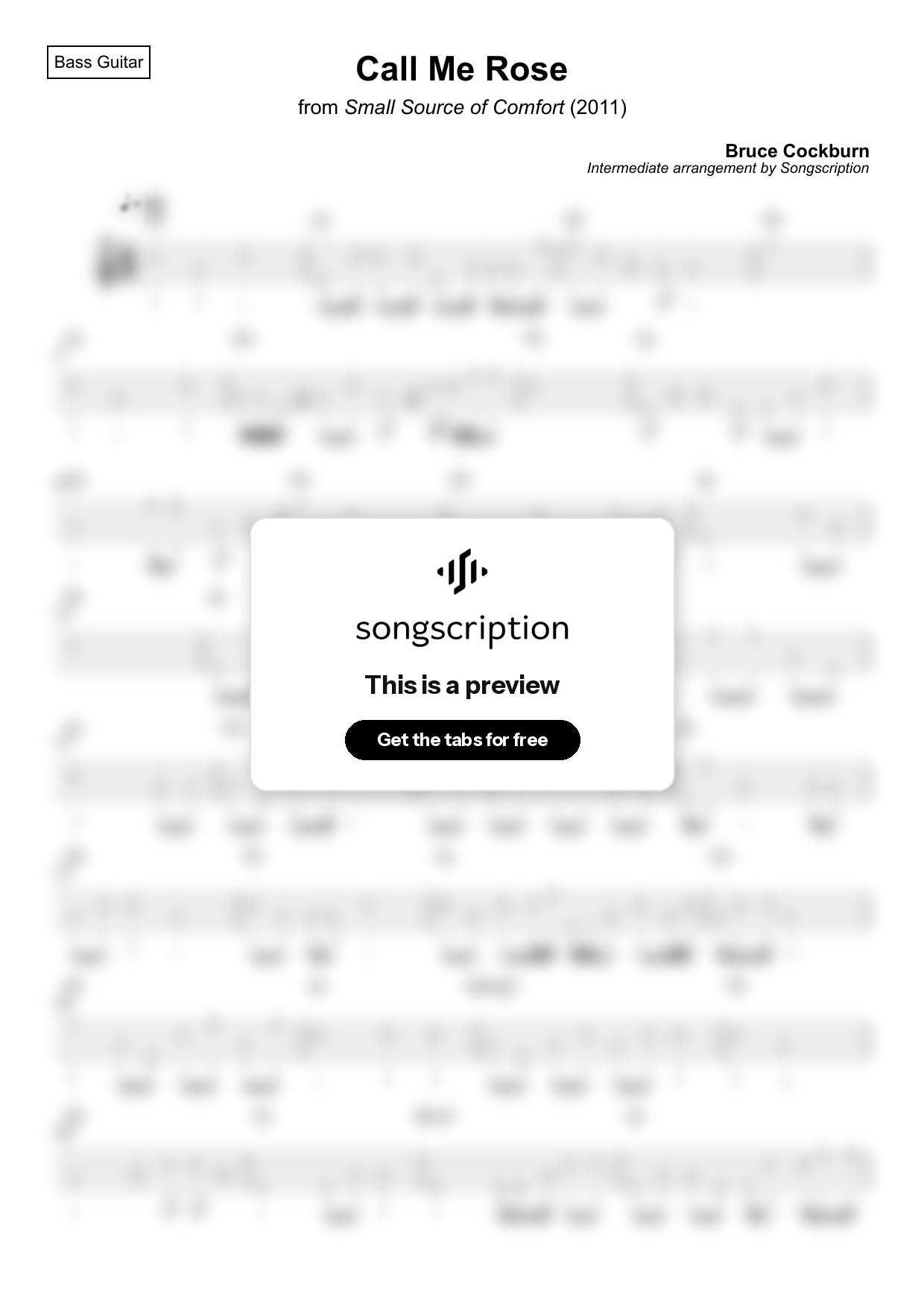 Intermediate Bass Guitar Tabs for "Call Me Rose" by Bruce Cockburn