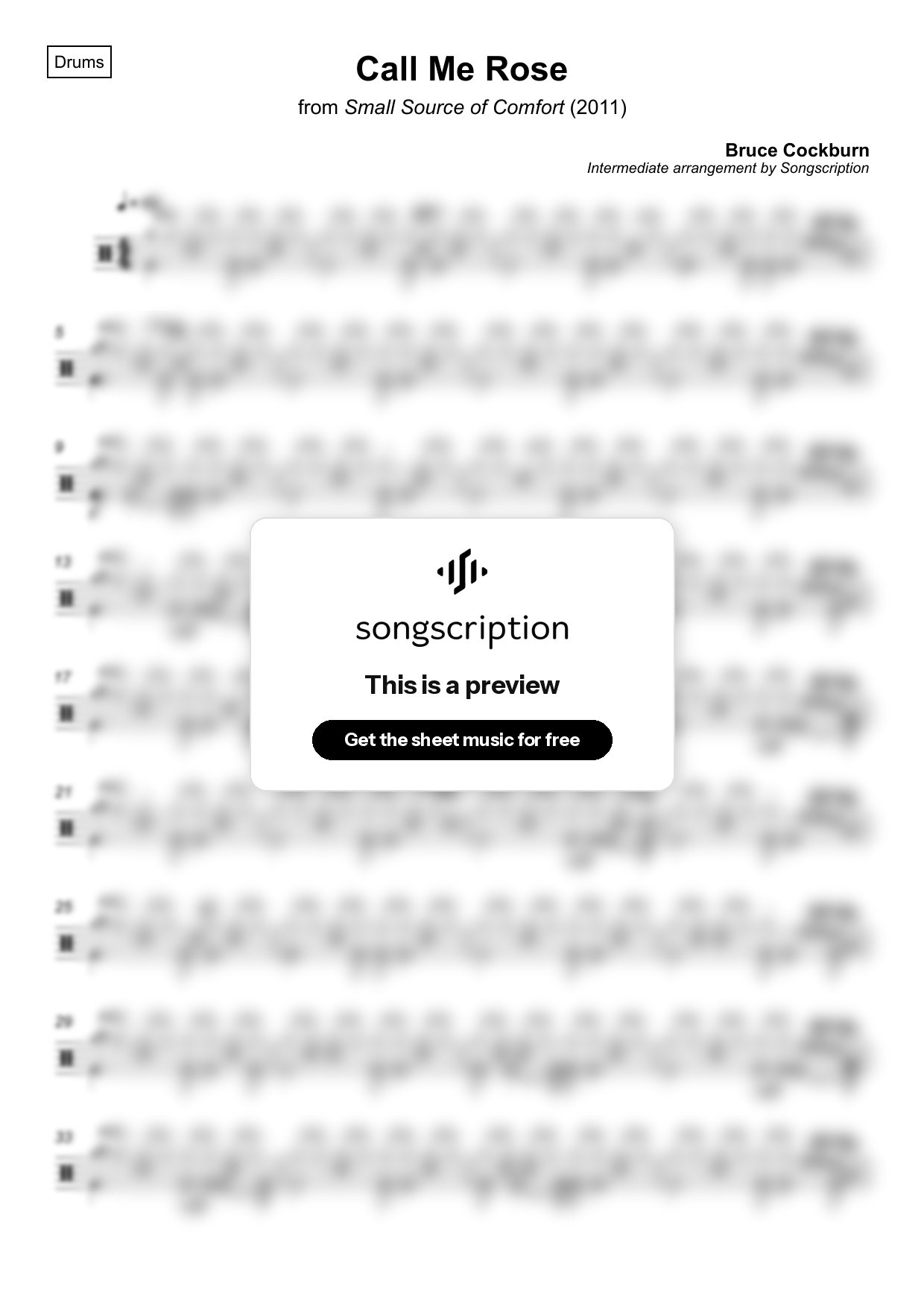Intermediate Drums Sheet Music for "Call Me Rose" by Bruce Cockburn