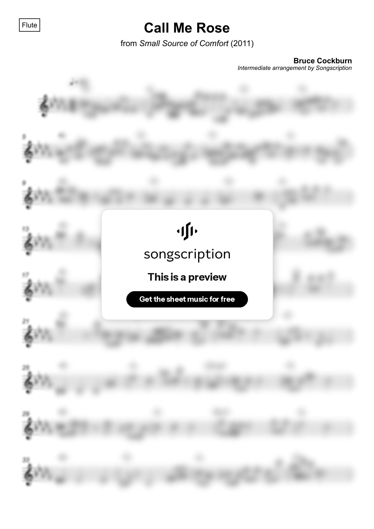 Intermediate Flute Sheet Music for "Call Me Rose" by Bruce Cockburn