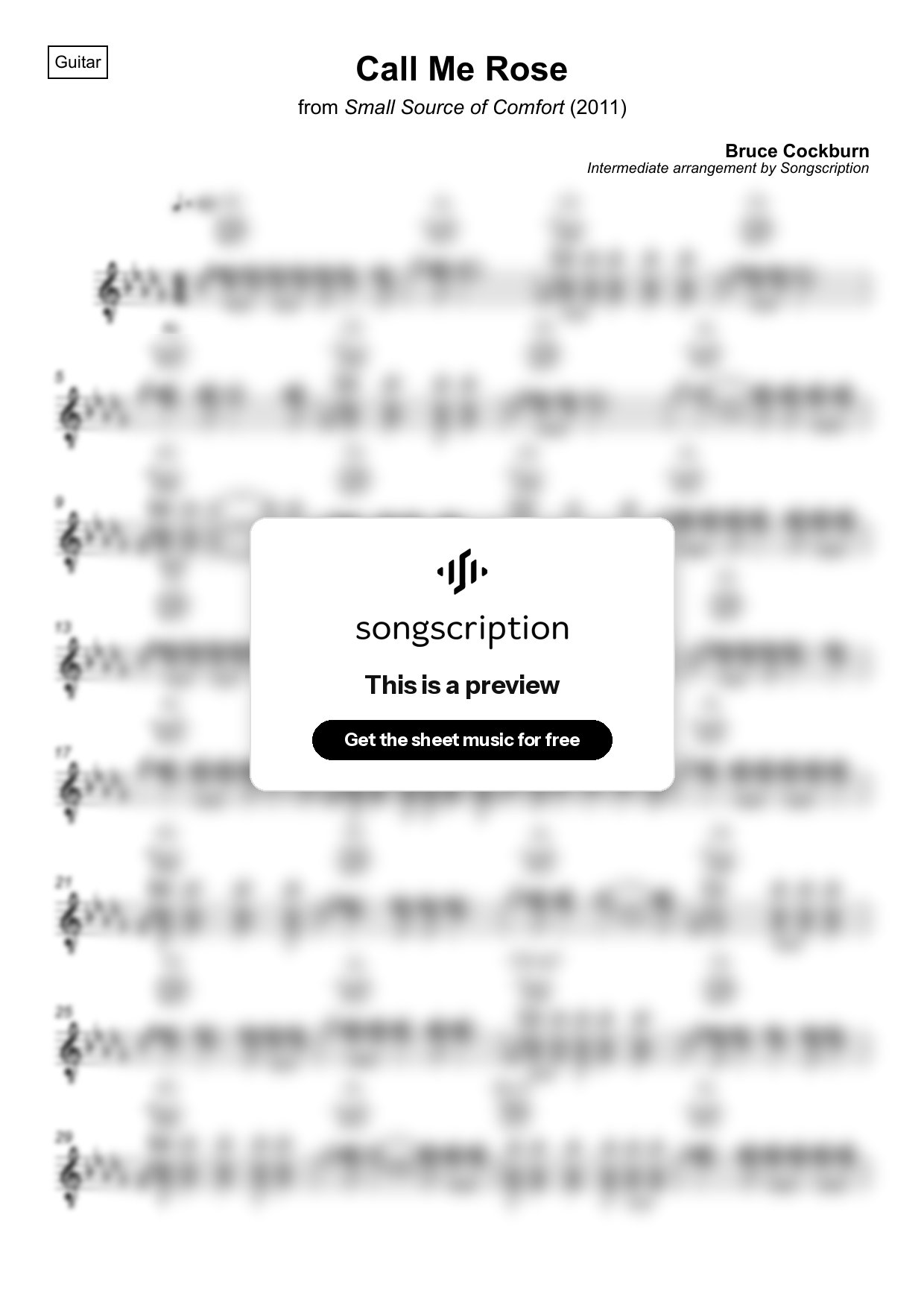 Intermediate Acoustic Guitar Sheet Music for "Call Me Rose" by Bruce Cockburn