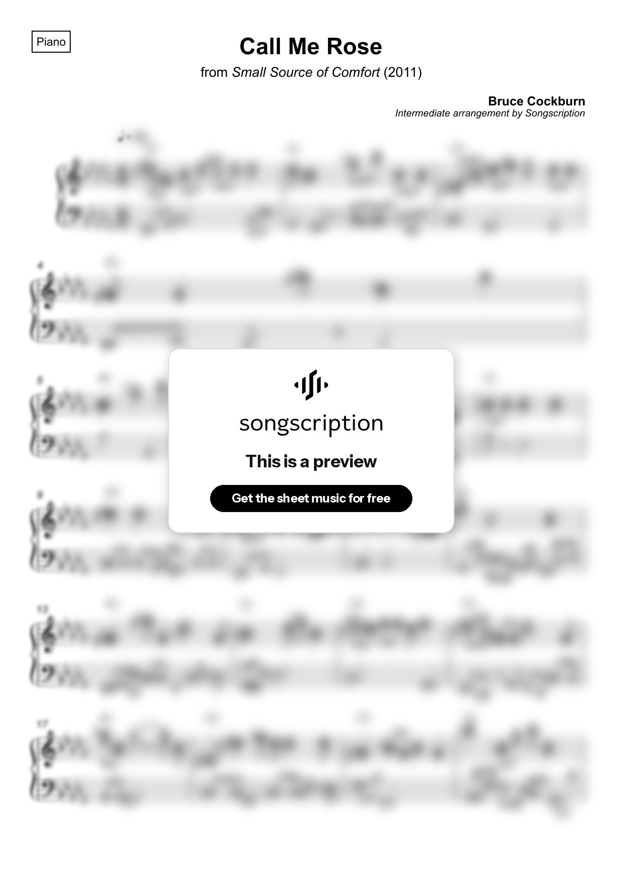 Intermediate Piano Sheet Music for "Call Me Rose" by Bruce Cockburn