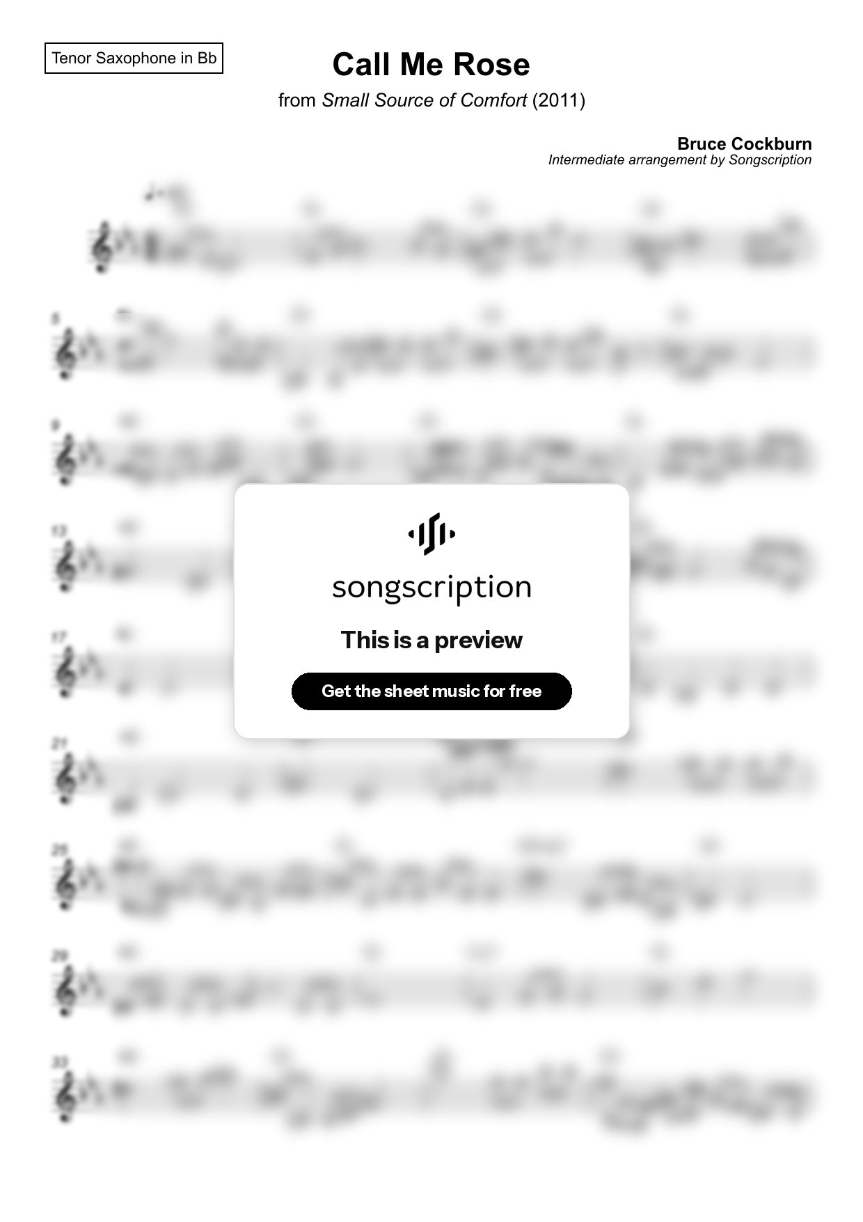 Intermediate Tenor Sax Sheet Music for "Call Me Rose" by Bruce Cockburn