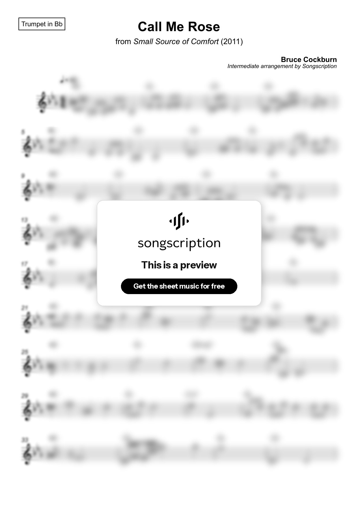 Intermediate Trumpet Sheet Music for "Call Me Rose" by Bruce Cockburn