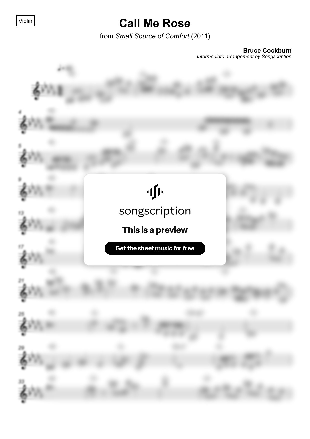 Intermediate Violin Sheet Music for "Call Me Rose" by Bruce Cockburn