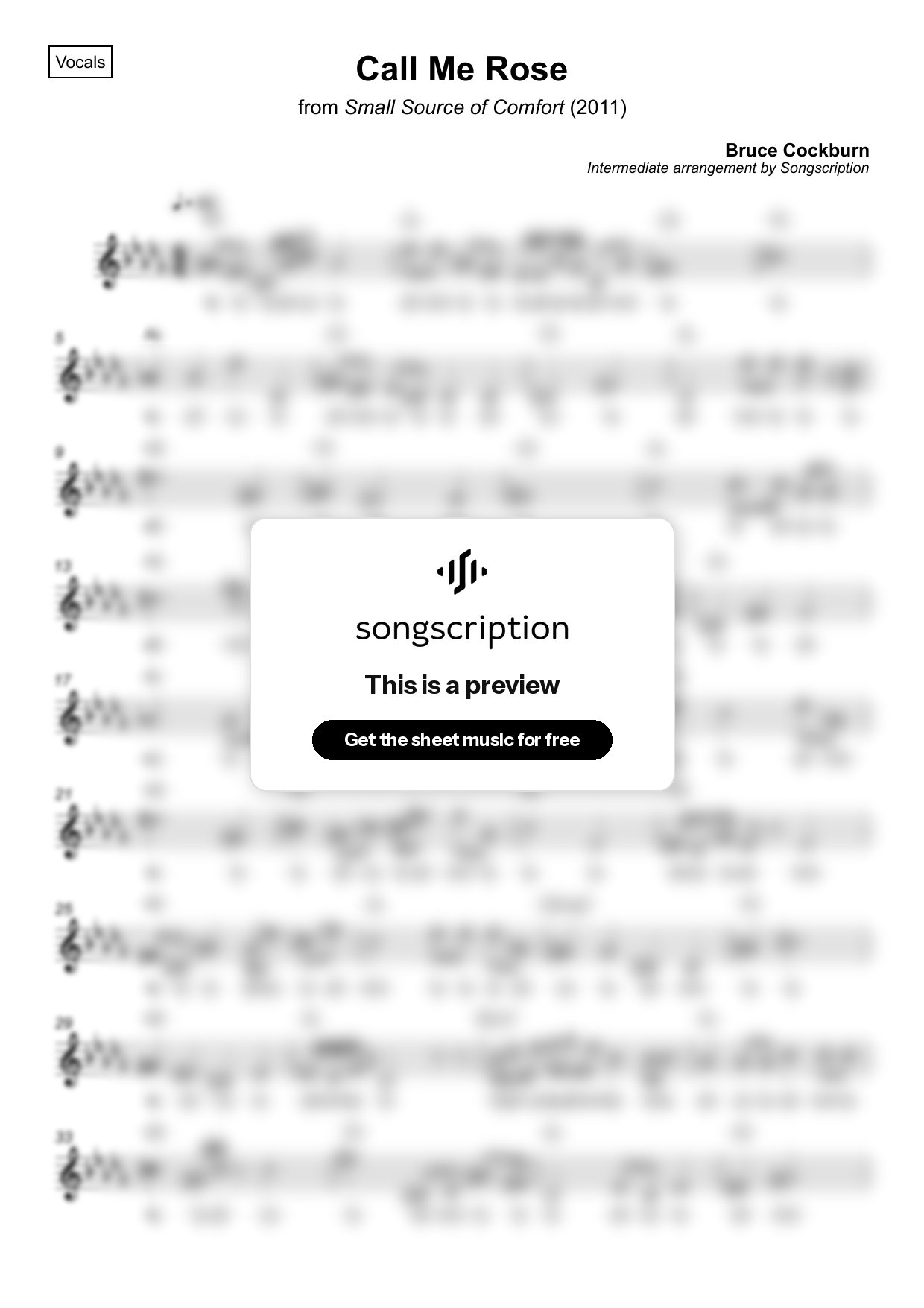 Intermediate Vocals Sheet Music for "Call Me Rose" by Bruce Cockburn
