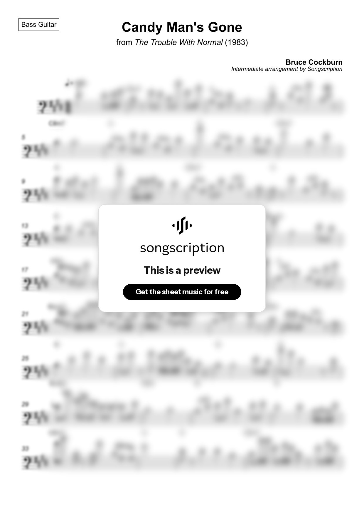 Intermediate Bass Guitar Sheet Music for "Candy Man's Gone" by Bruce Cockburn
