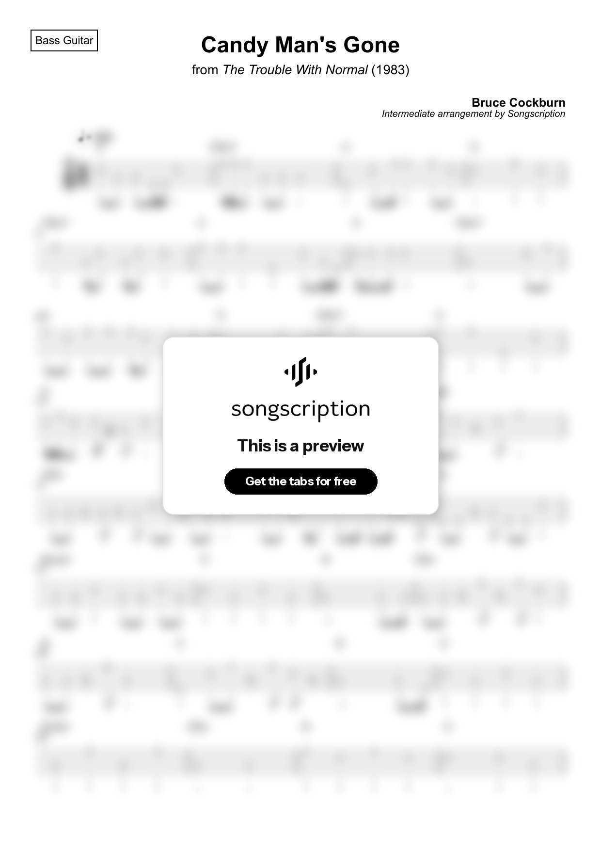 Intermediate Bass Guitar Tabs for "Candy Man's Gone" by Bruce Cockburn