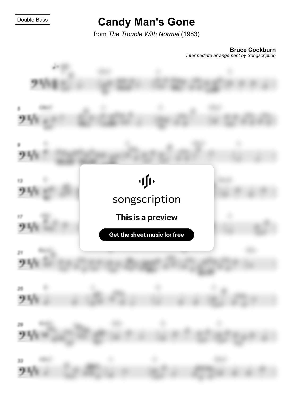Intermediate Double Bass Sheet Music for "Candy Man's Gone" by Bruce Cockburn