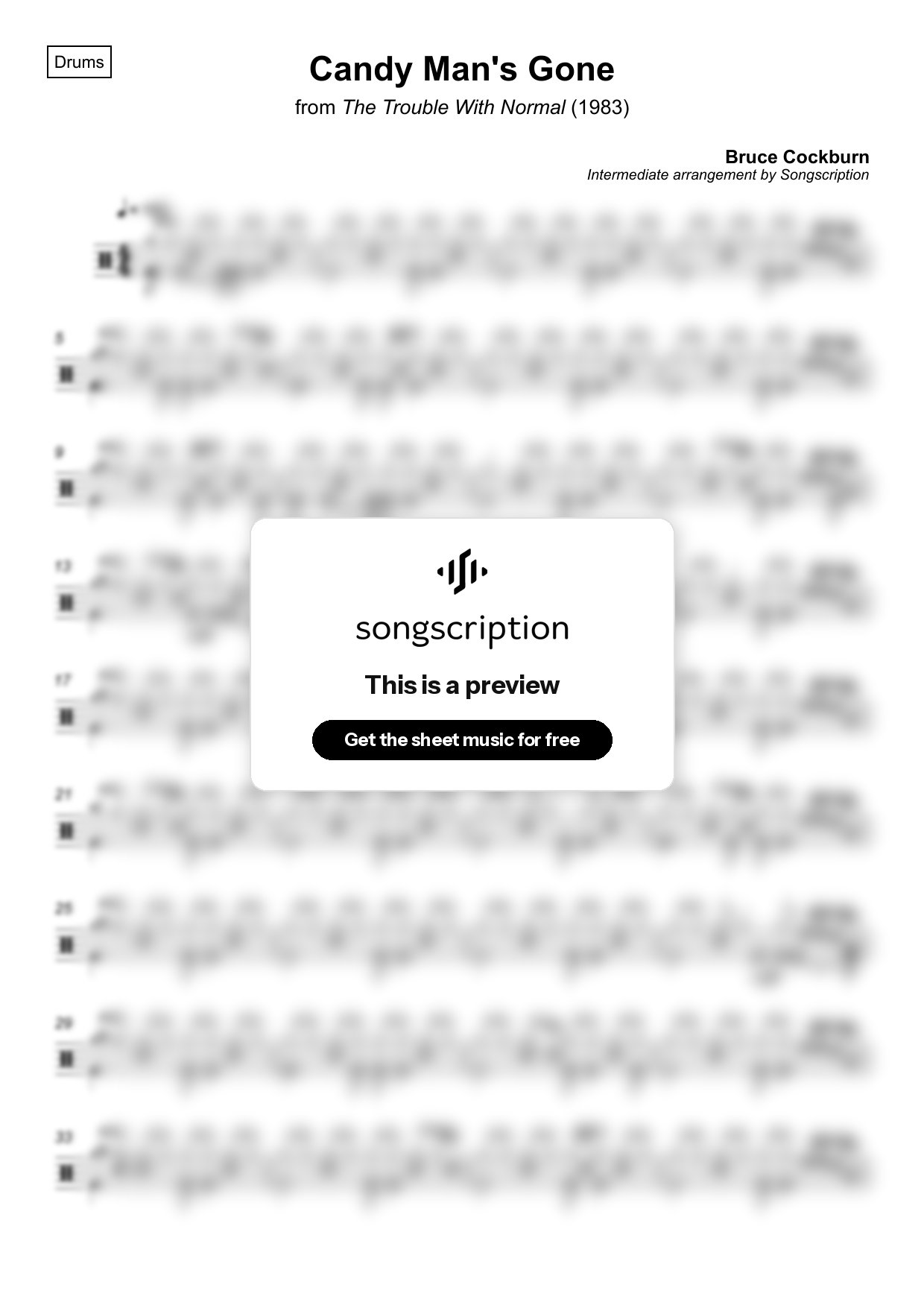 Intermediate Drums Sheet Music for "Candy Man's Gone" by Bruce Cockburn