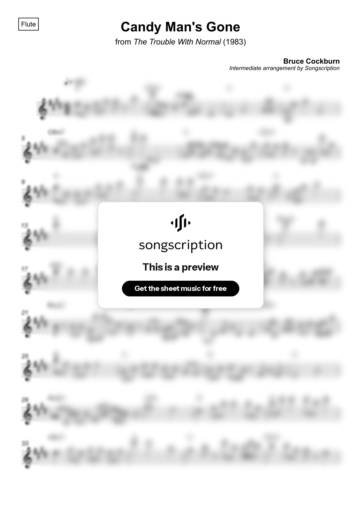 Intermediate Flute Sheet Music for "Candy Man's Gone" by Bruce Cockburn