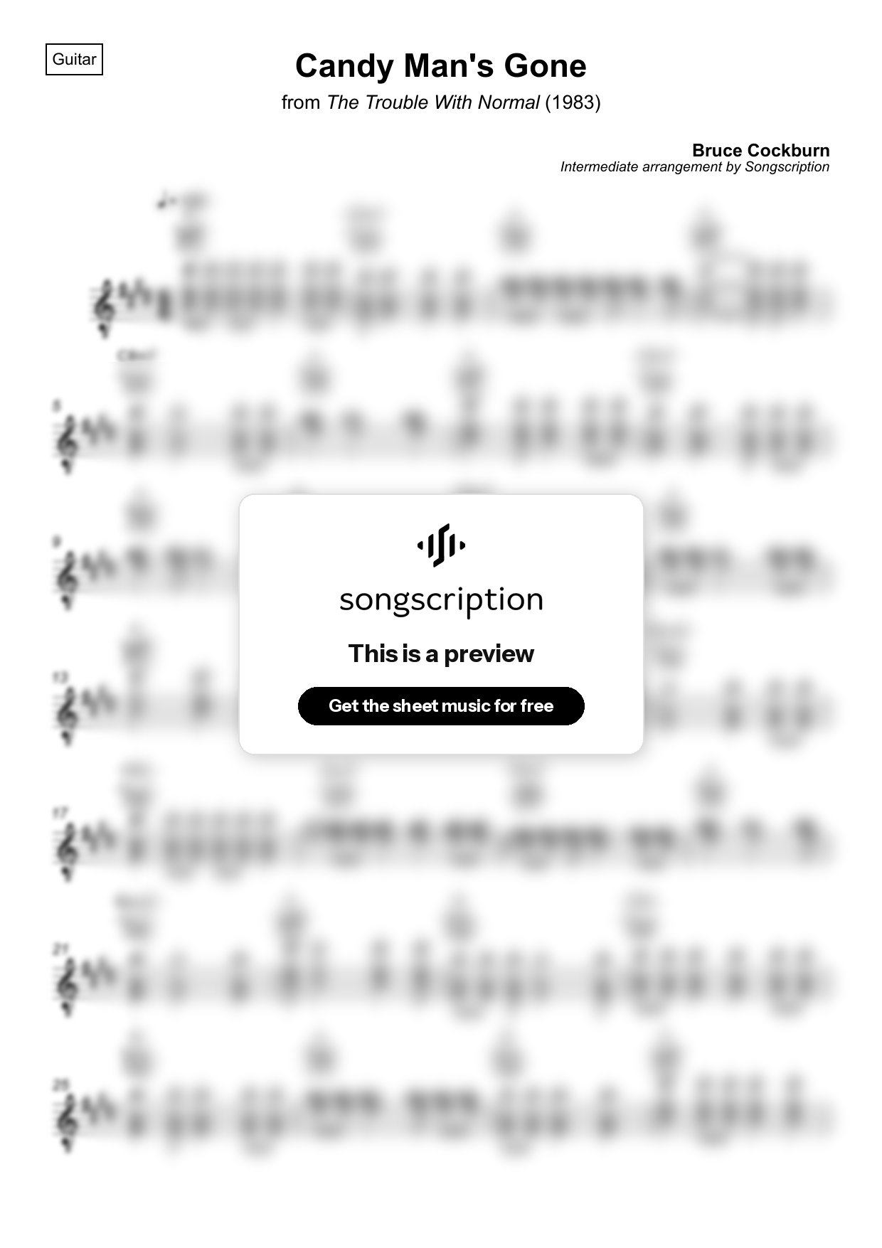 Intermediate Acoustic Guitar Sheet Music for "Candy Man's Gone" by Bruce Cockburn