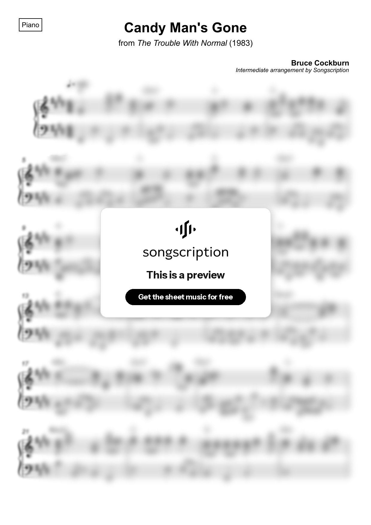 Intermediate Piano Sheet Music for "Candy Man's Gone" by Bruce Cockburn
