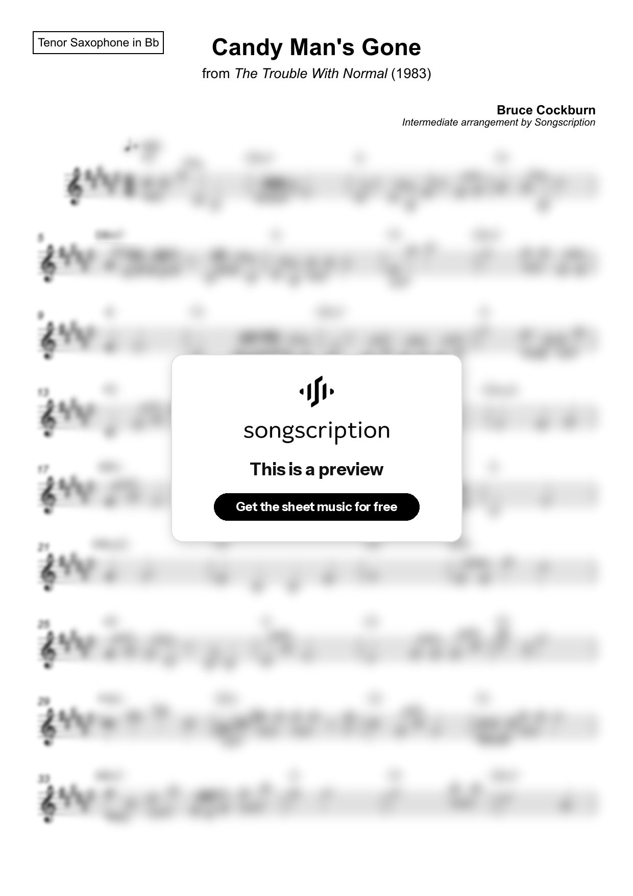 Intermediate Tenor Sax Sheet Music for "Candy Man's Gone" by Bruce Cockburn
