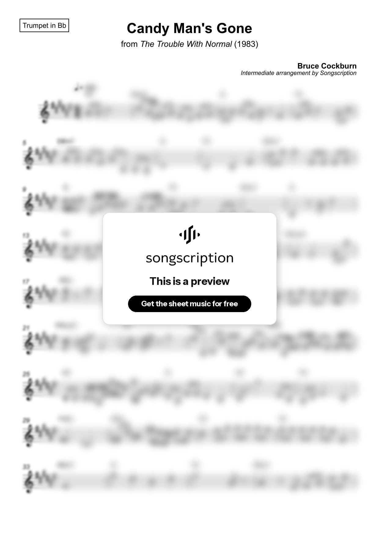 Intermediate Trumpet Sheet Music for "Candy Man's Gone" by Bruce Cockburn