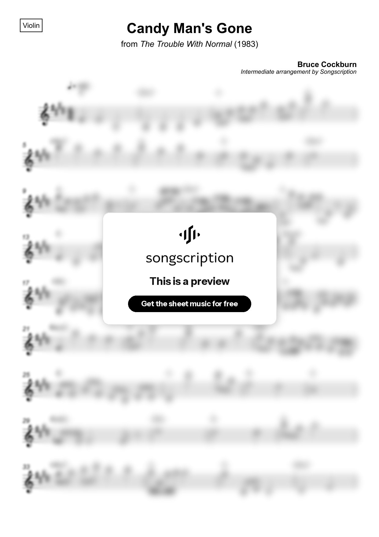 Intermediate Violin Sheet Music for "Candy Man's Gone" by Bruce Cockburn