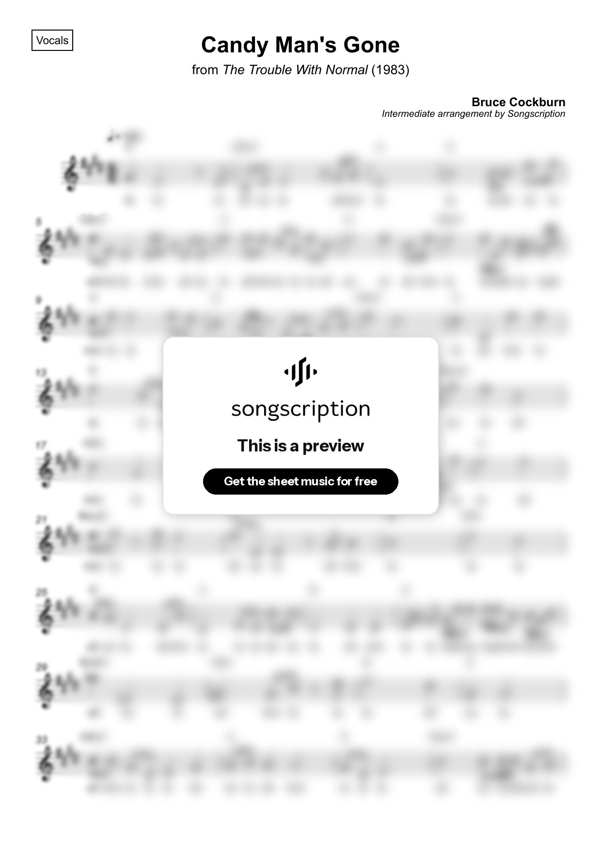 Intermediate Vocals Sheet Music for "Candy Man's Gone" by Bruce Cockburn