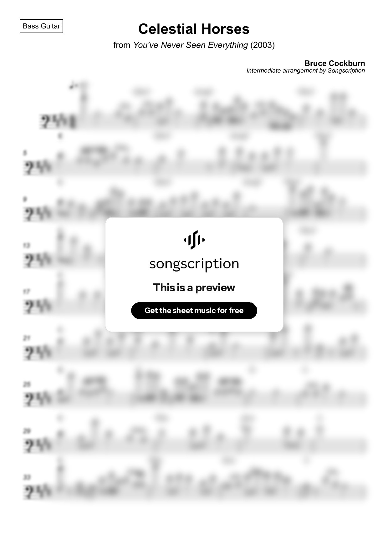 Intermediate Bass Guitar Sheet Music for "Celestial Horses" by Bruce Cockburn