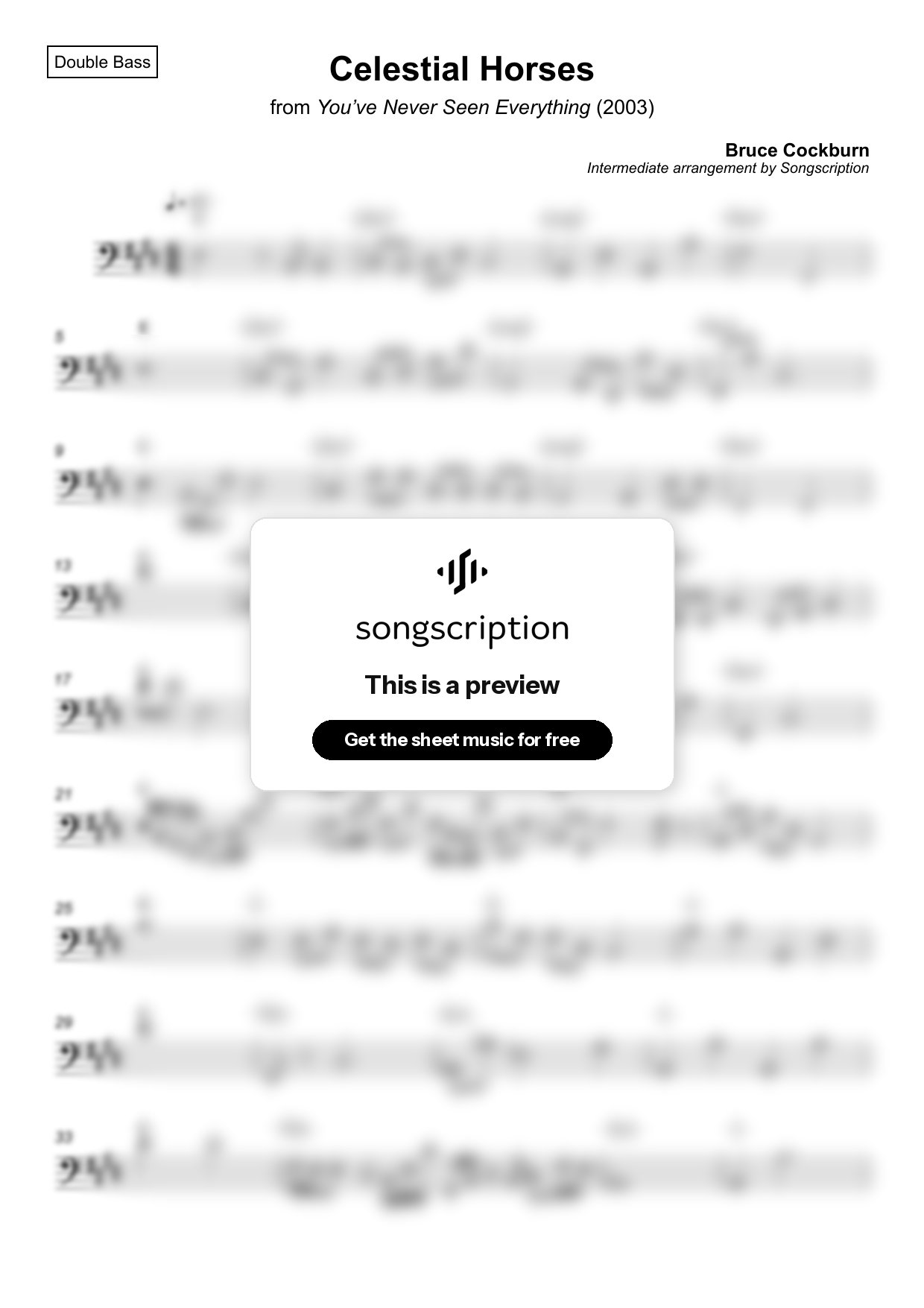 Intermediate Double Bass Sheet Music for "Celestial Horses" by Bruce Cockburn