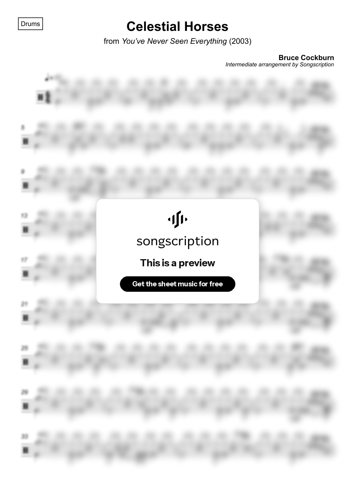 Intermediate Drums Sheet Music for "Celestial Horses" by Bruce Cockburn