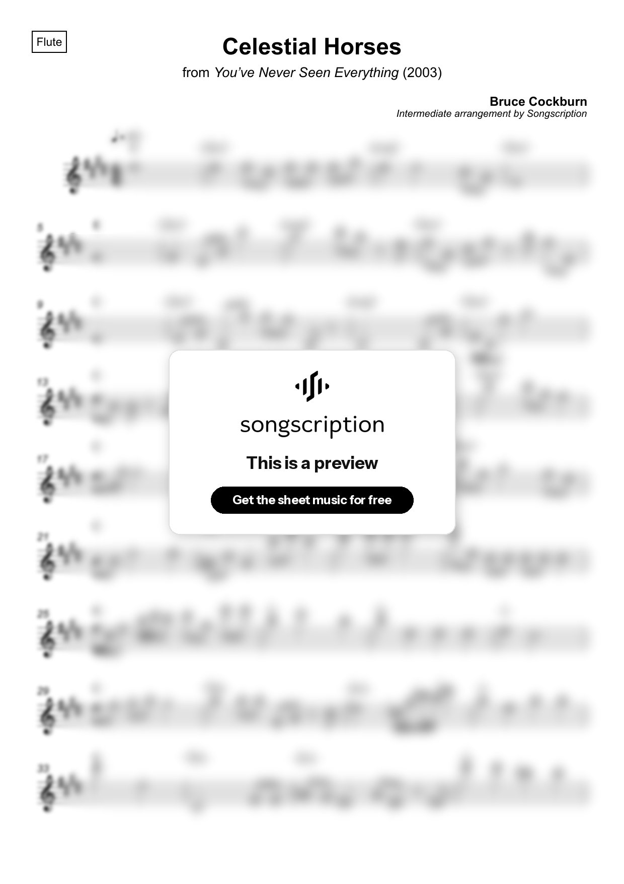 Intermediate Flute Sheet Music for "Celestial Horses" by Bruce Cockburn