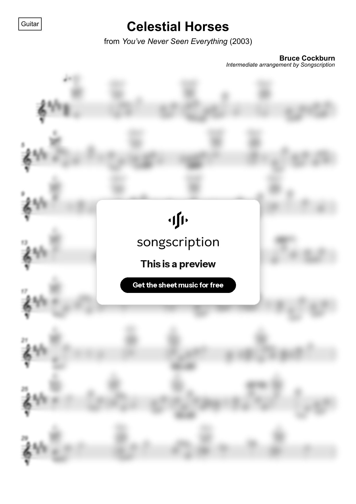 Intermediate Acoustic Guitar Sheet Music for "Celestial Horses" by Bruce Cockburn