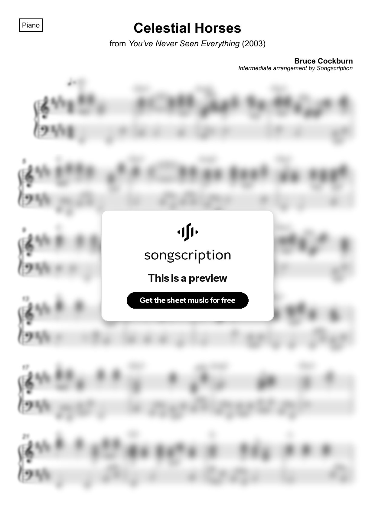 Intermediate Piano Sheet Music for "Celestial Horses" by Bruce Cockburn