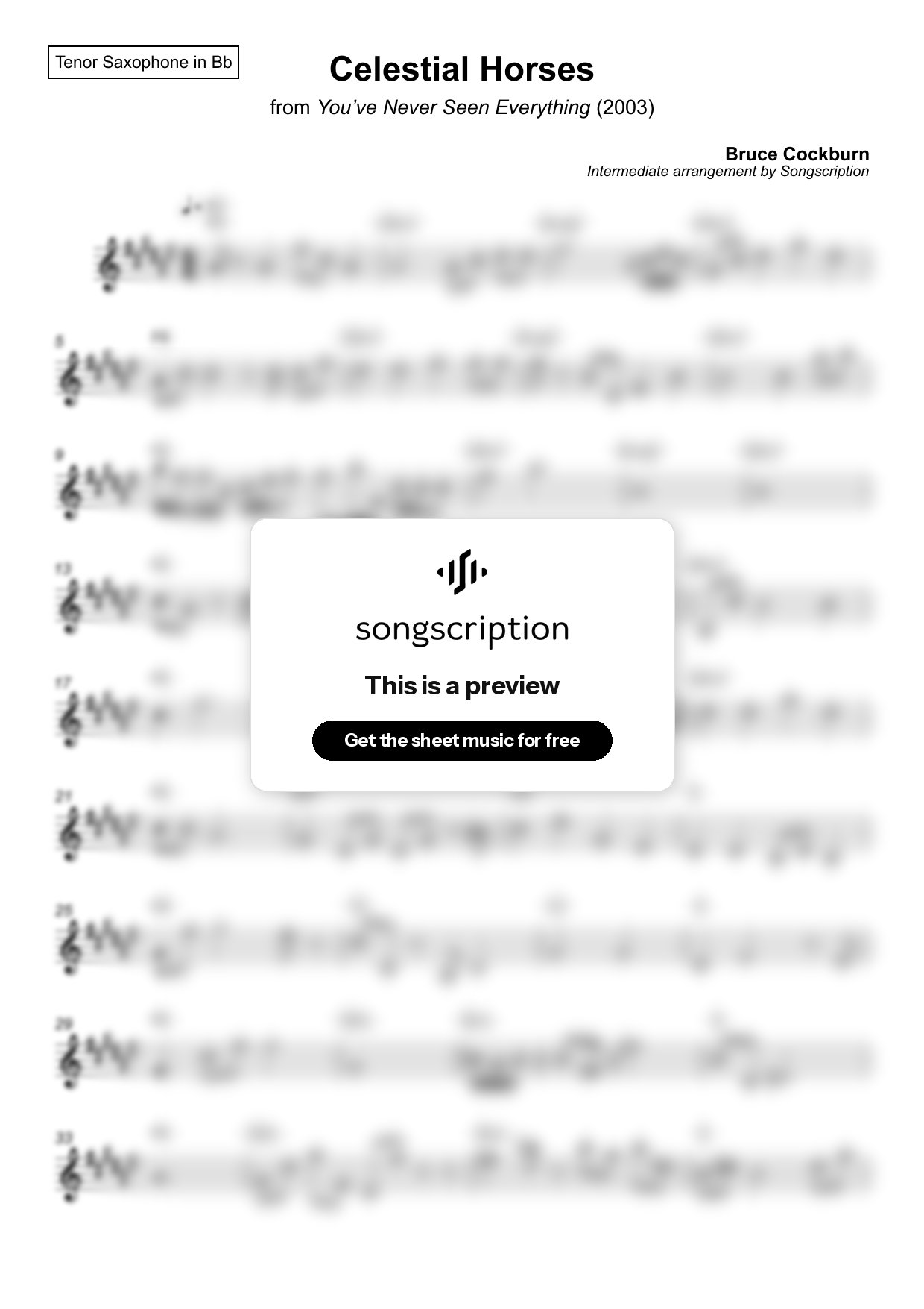 Intermediate Tenor Sax Sheet Music for "Celestial Horses" by Bruce Cockburn