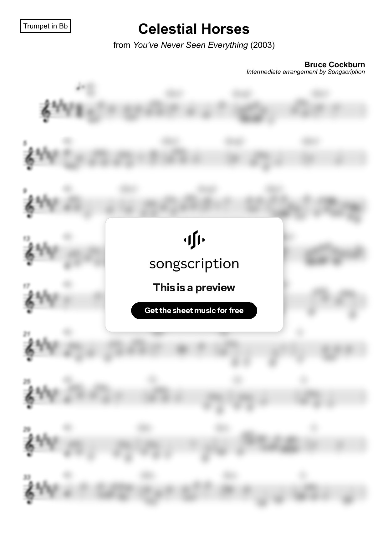 Intermediate Trumpet Sheet Music for "Celestial Horses" by Bruce Cockburn